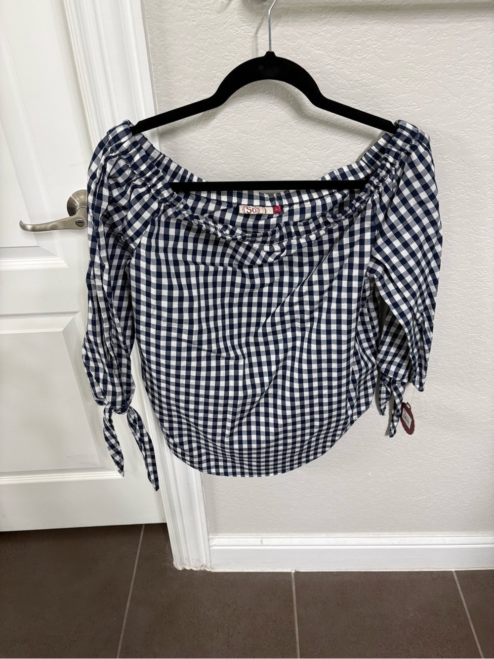 SO Navy and White Gingham Tie-Cuff Peasant Blouse